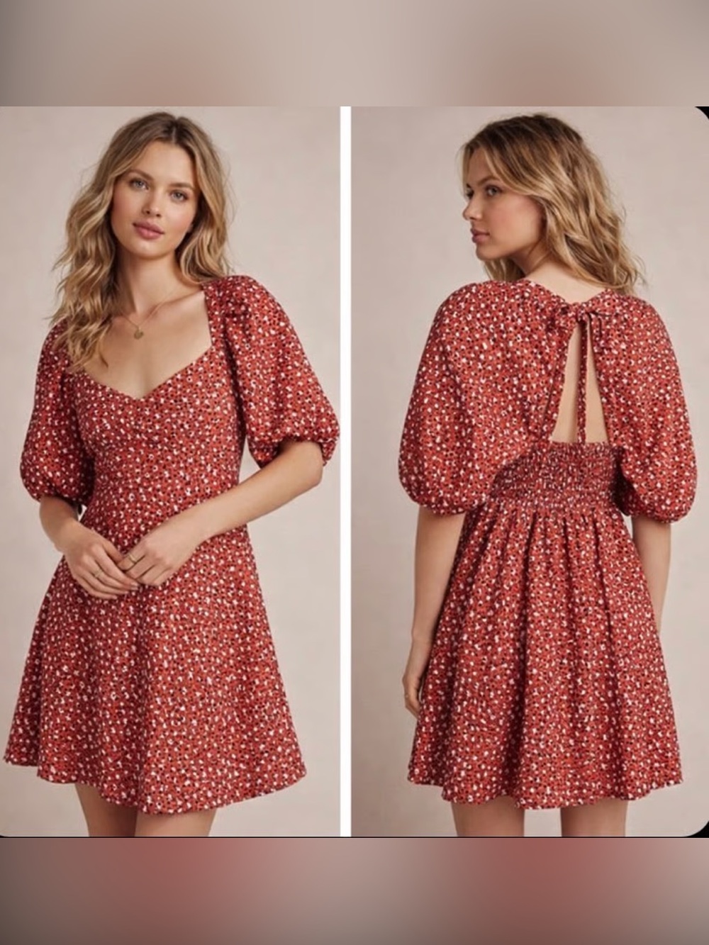 Anthropologie Rust Floral Puff-Sleeve Mini Dress with Sweetheart Neckline